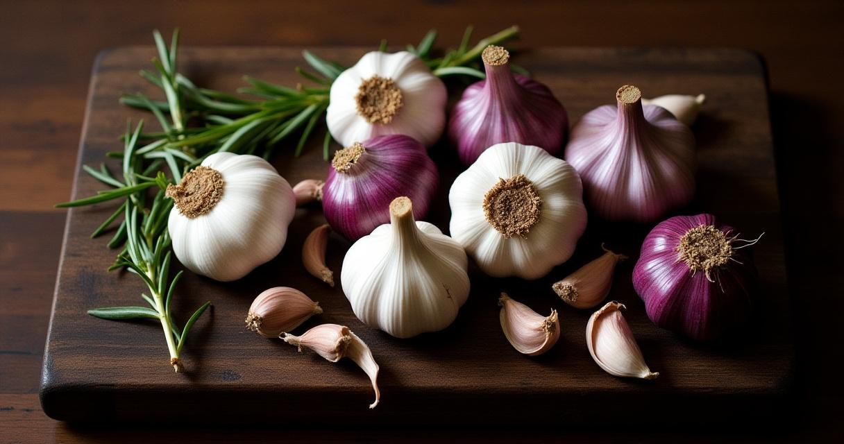 Variedad de ajos gourmet y hierbas frescas sobre una tabla de madera rústica