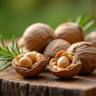 Nueces frescas sobre una mesa de madera
