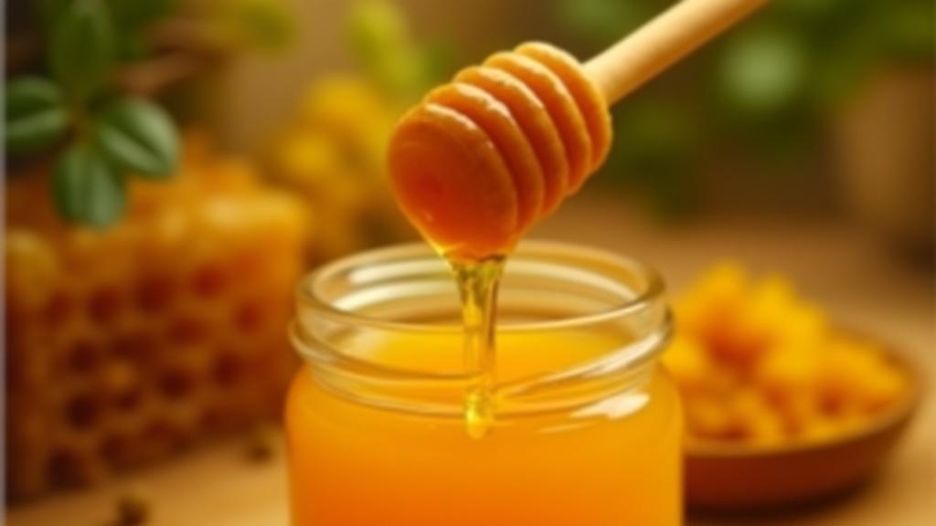 Miel dorada fluyendo de un panal natural junto a un frasco artesanal